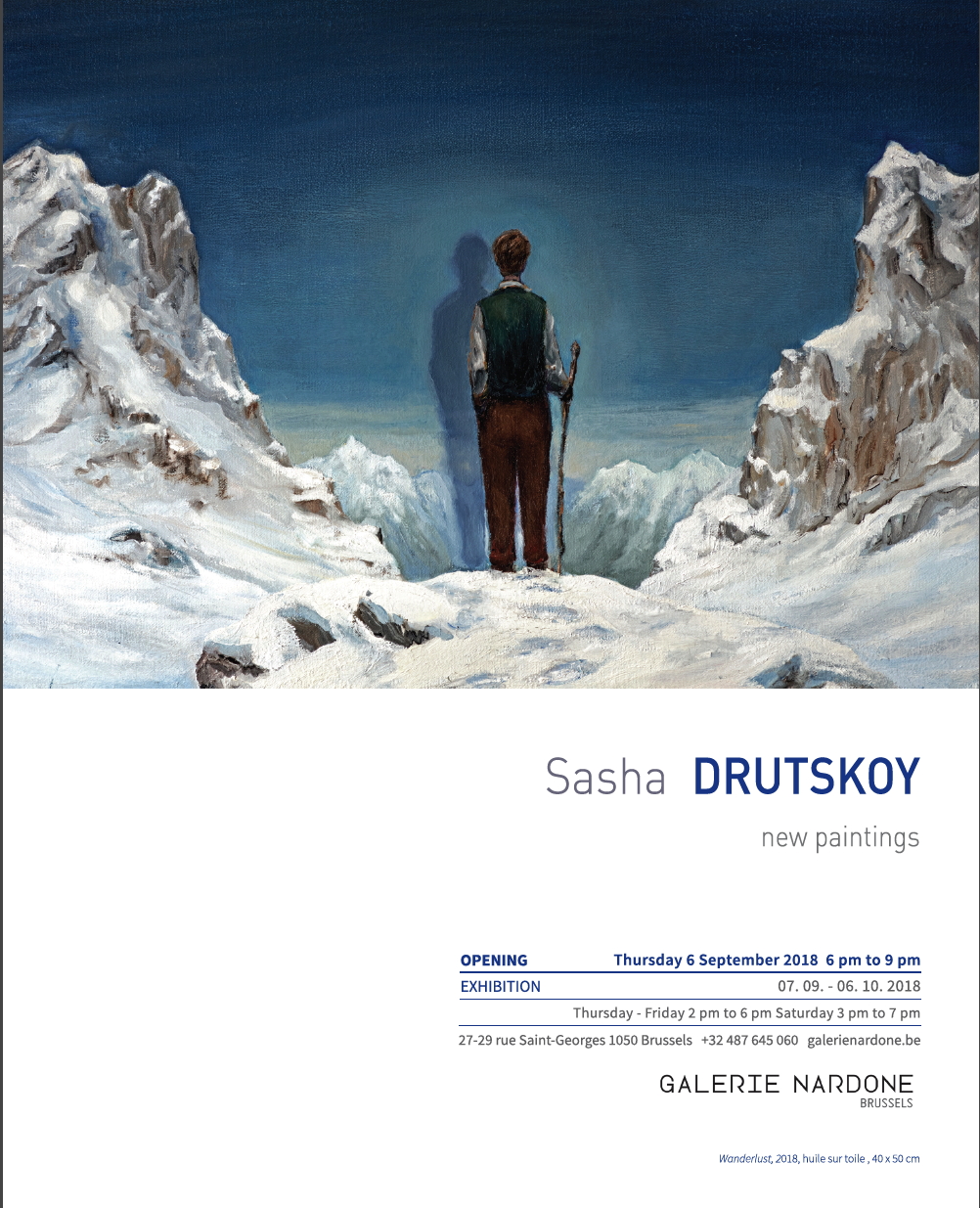 Affiche. Galerie Nardone. Sasha Drutskoy - New paintings. Wonderlust, 2018, huile sur toile, 40x50 cm. 2018-09-06